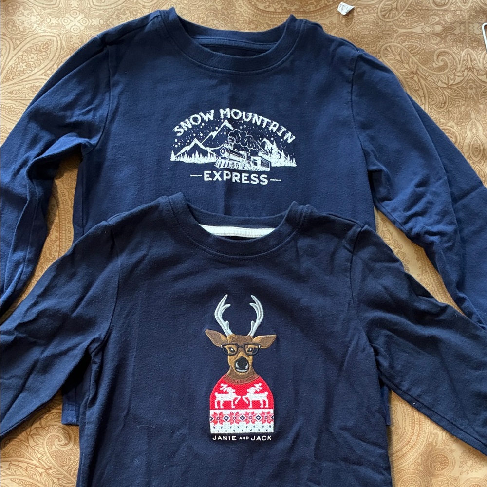 (2) Janie and Jack Navy Long Sleeve Tees with Winter Designs Size 4 Boys